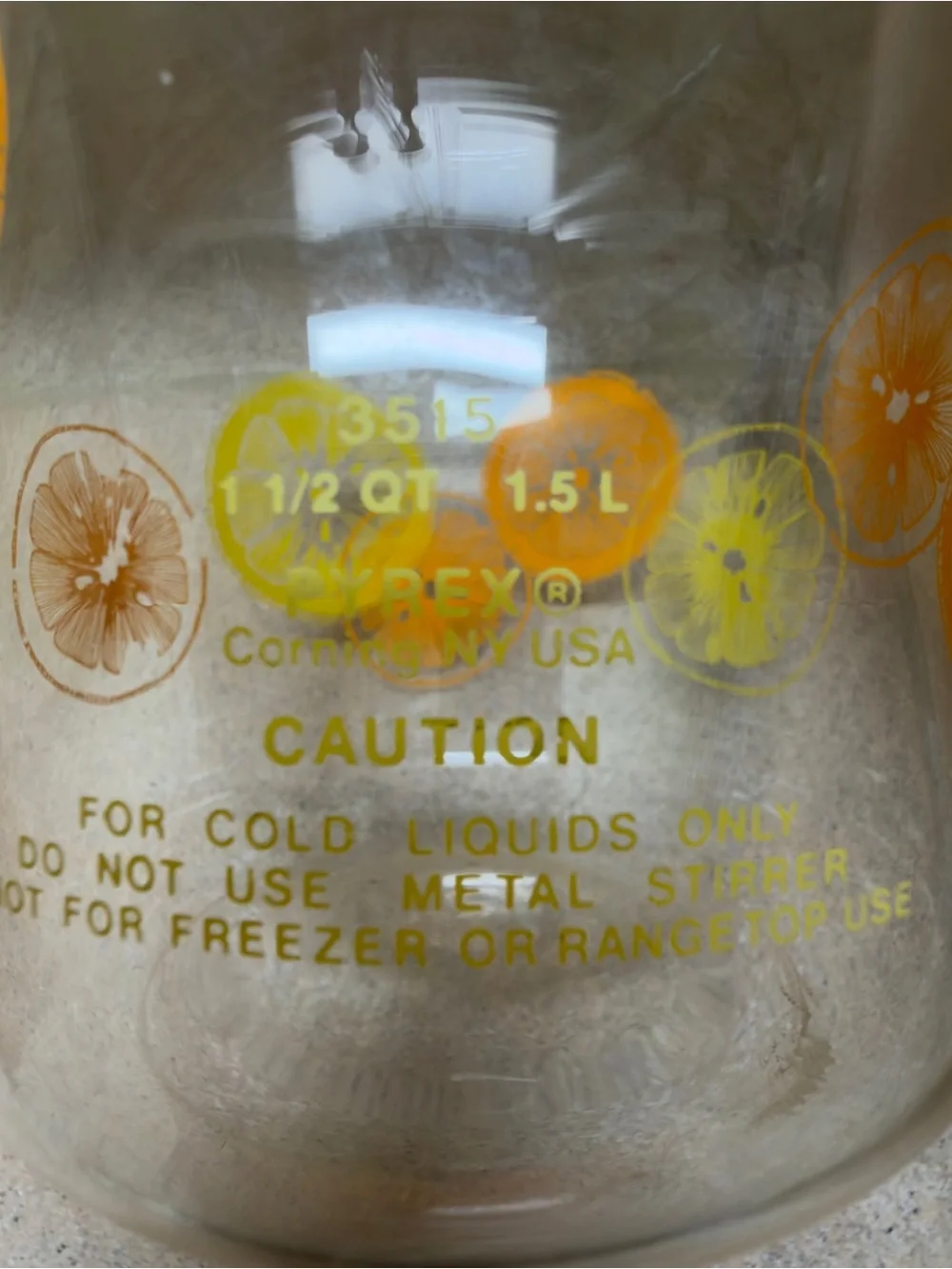Vintage Pyrex Clear Glass Pitcher with Orange and Yellow Citrus Motif